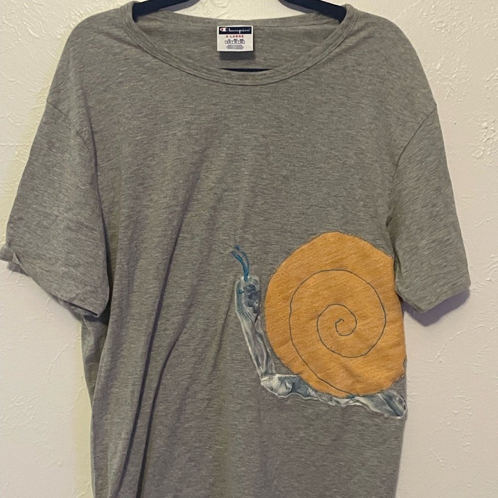 Champion XL Gray T-Shirt With Handmade Snail Appliqué - Unique One Of A Kind